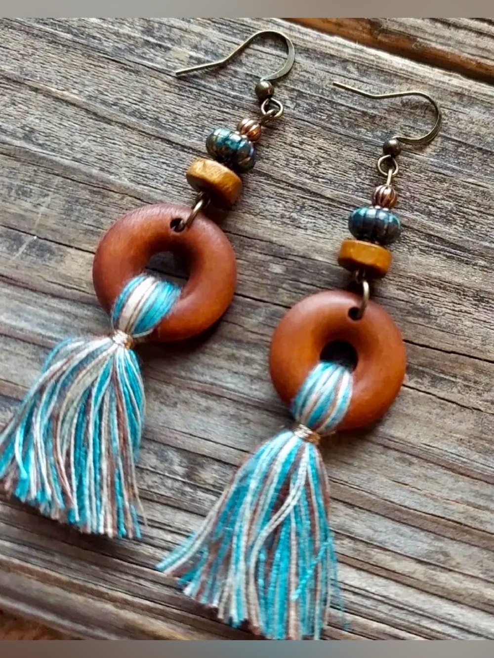 Handmade Brown Wood and Teal Tassel Drop Earrings - Boho Women Jewelry